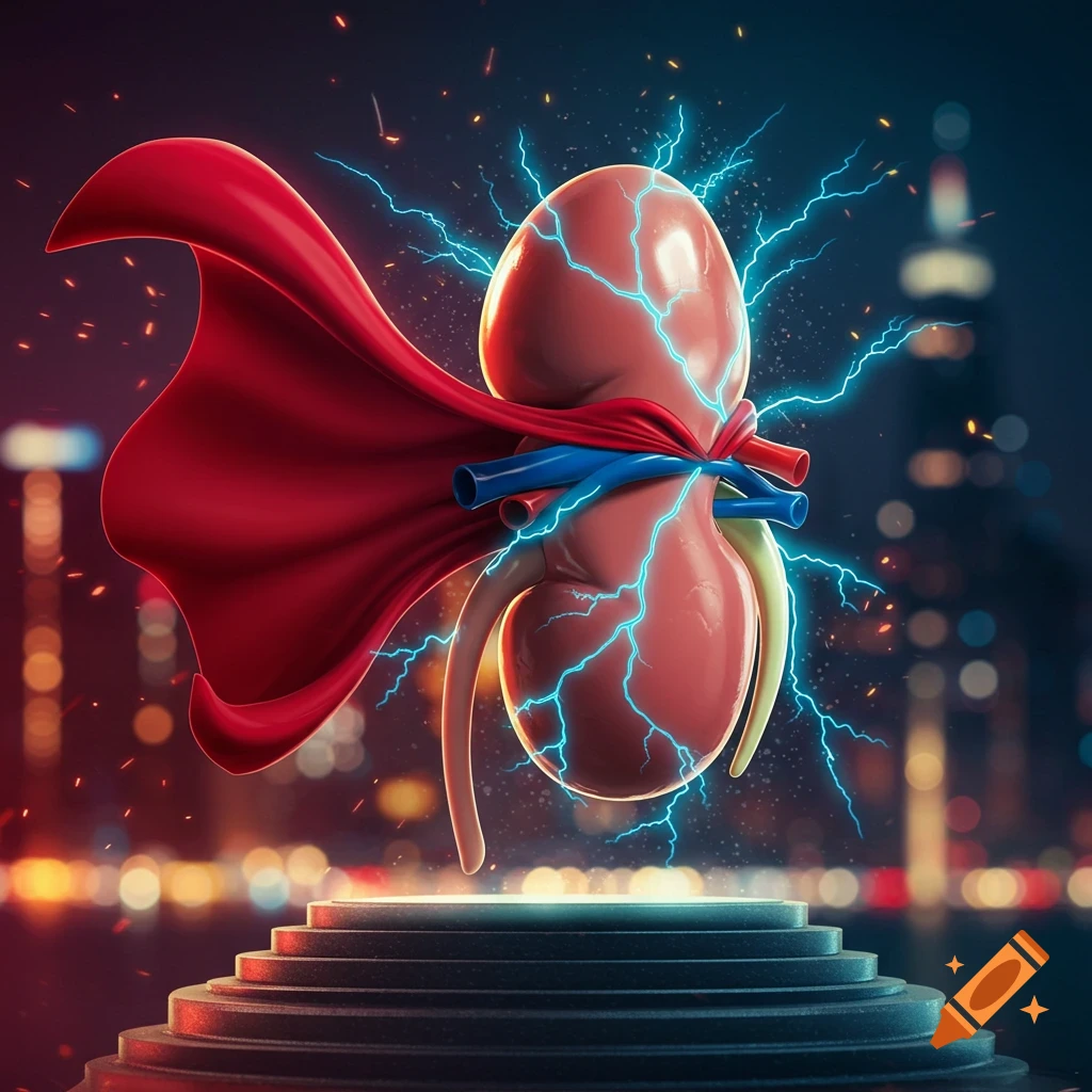 A photorealistic superhero kidney with a red cape and blue lightning stands on a pedestal against a blurred city night.