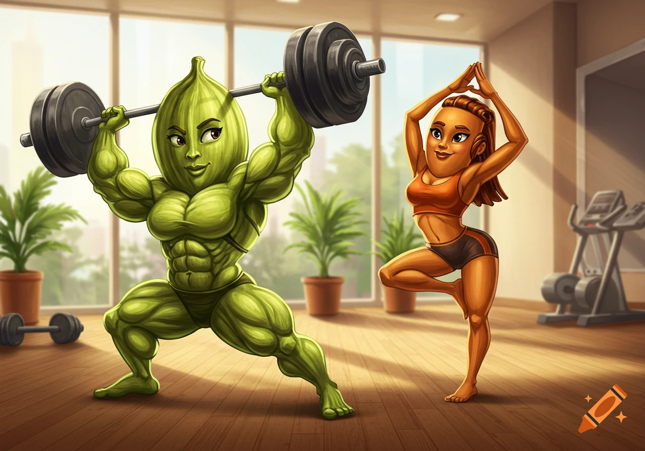 A muscular, green cartoon cardamom character lifting weights next to a human-like cinnamon character in a yoga pose inside a gym.