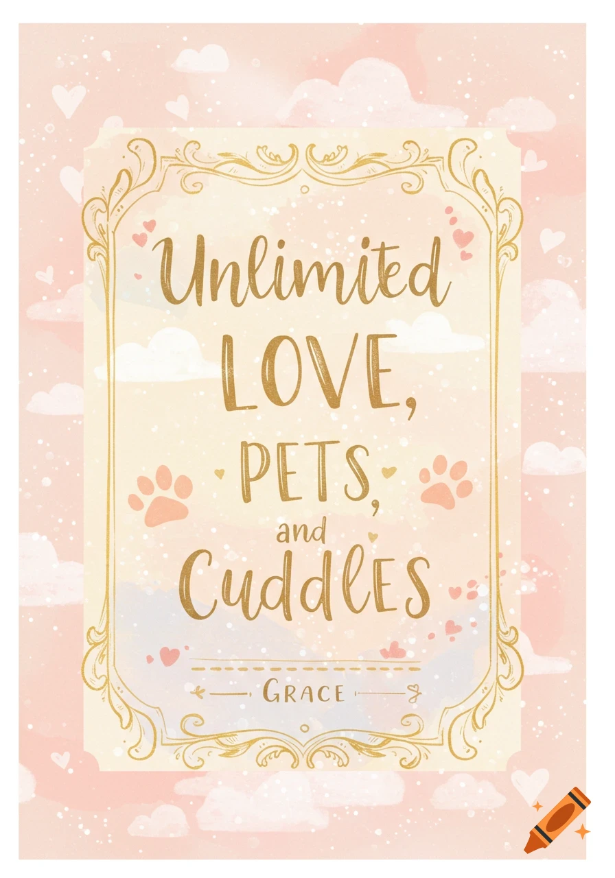 An illustrated pink and cream card with hearts and clouds, featuring gold text 'Unlimited LOVE, PETS, and Cuddles' and 'GRACE'.