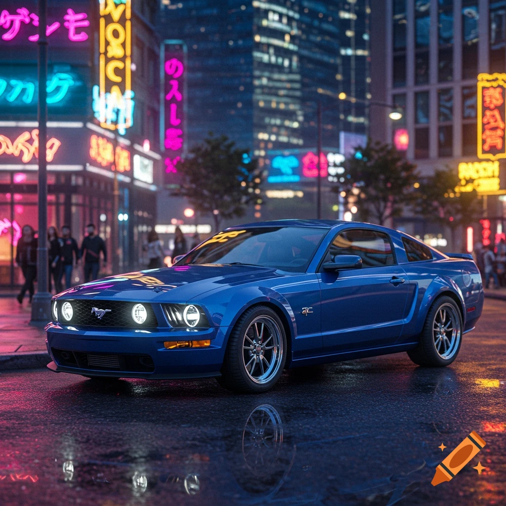 A blue 2006 Ford Mustang GT parked on a wet city street at night, surrounded by blurred neon signs.
