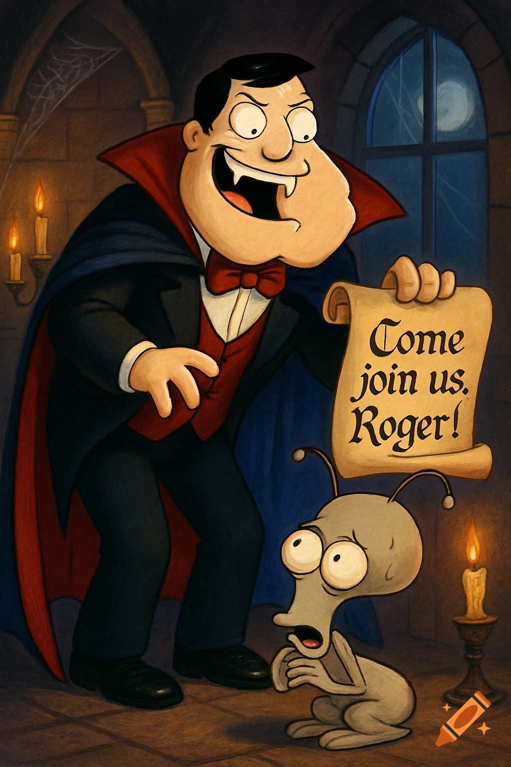Stan Smith as a vampire holds a sign that reads "Come join us, Roger!" to a scared Roger in a dark castle.