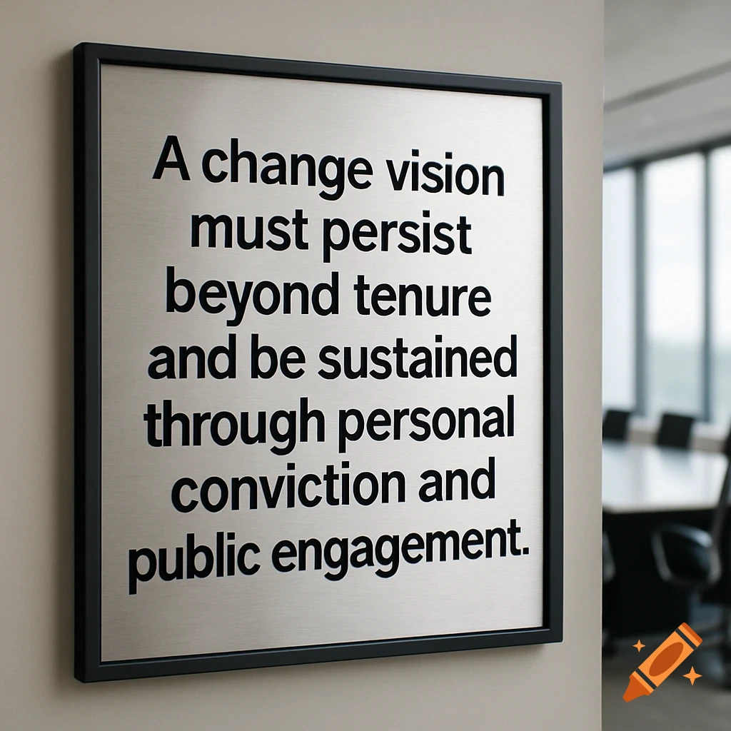 A framed silver sign with a motivational quote in a modern boardroom, featuring an executive table in the blurred background.