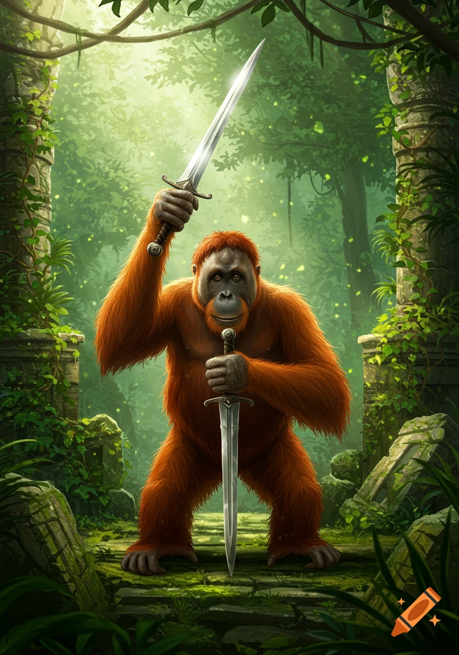 A powerful orangutan stands in ancient jungle ruins, holding one sword raised and another pointed downwards. The scene is bathed in dappled sunlight.
