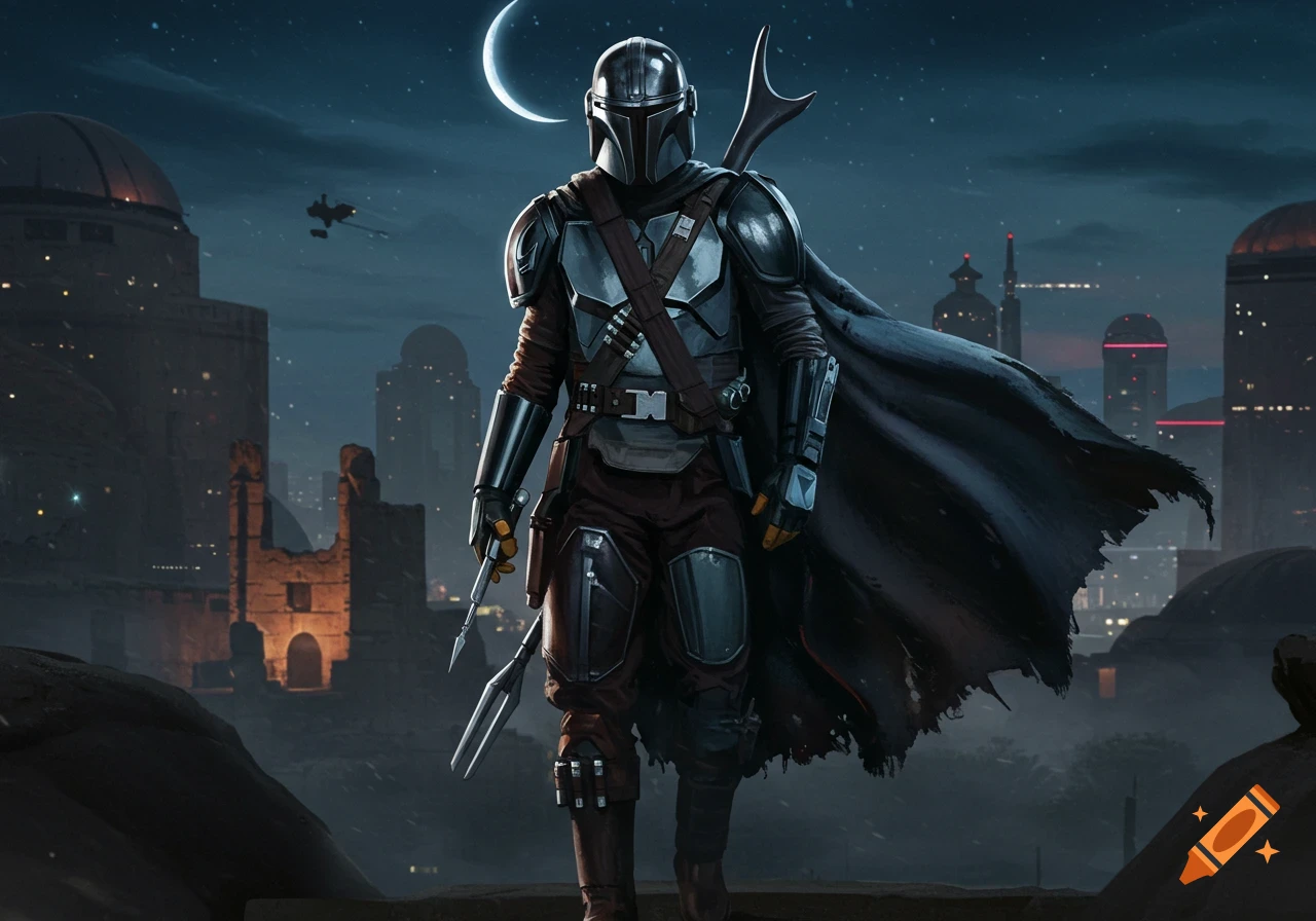 The Mandalorian stands on a rooftop at night, holding a spear, with a futuristic city and crescent moon in the background.