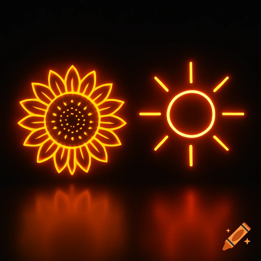 Glowing orange neon sunflower icon next to a glowing orange neon sun icon on a black background with reflections.