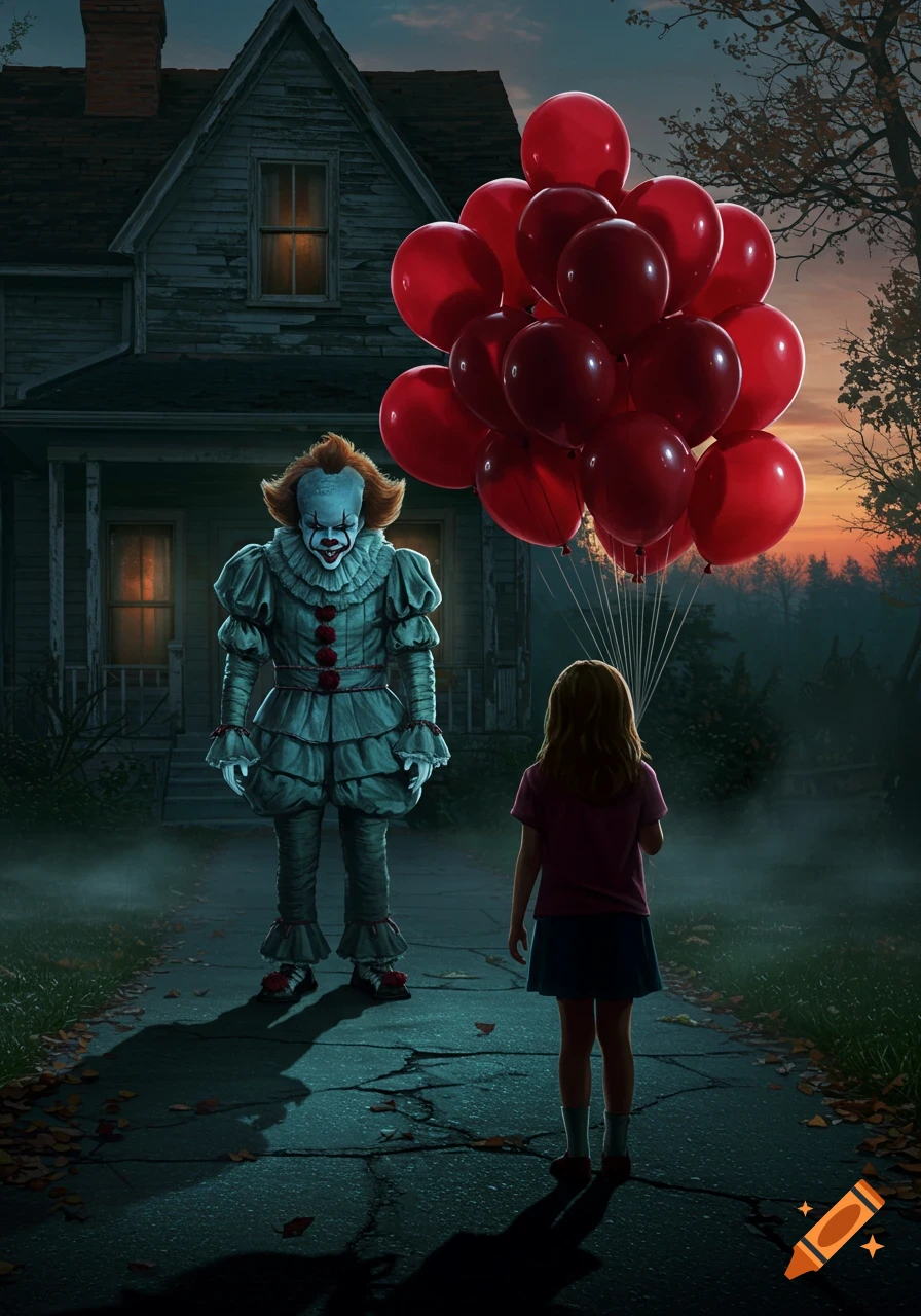 Pennywise, the clown from IT, stands on a path holding red balloons while facing a young girl in front of a spooky house at sunset.