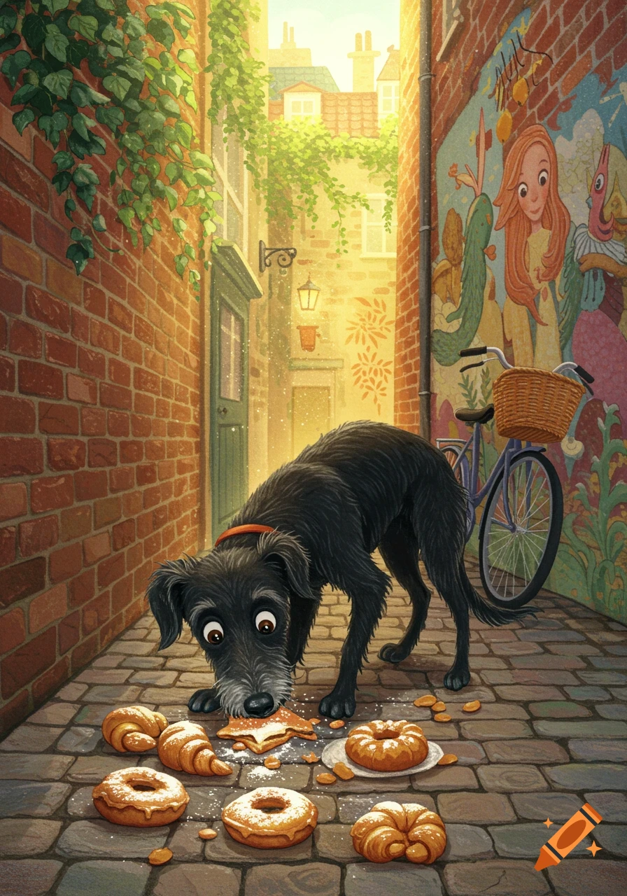 A black lurcher dog in a charming alley eats pastries scattered on cobblestones, in a colorful children's book illustration.