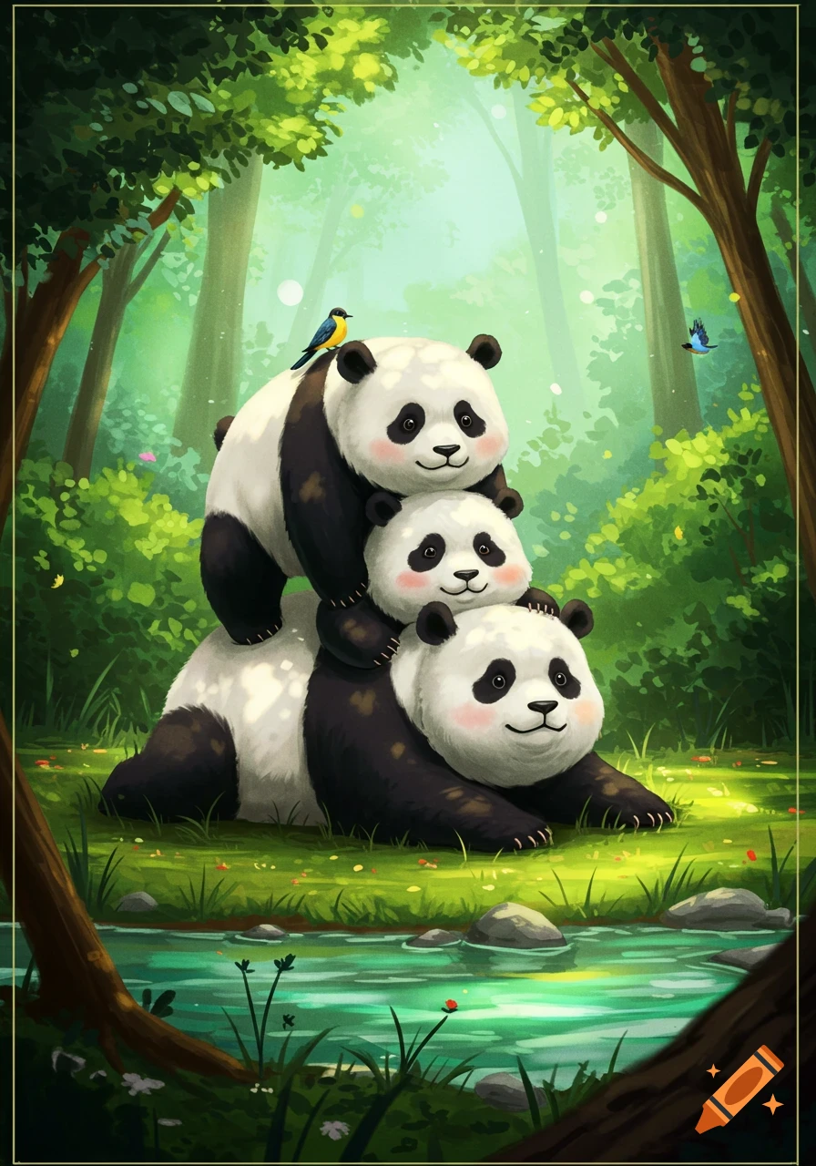 Three cute pandas stacked in a vibrant, calm green forest with a stream, illustrated style.