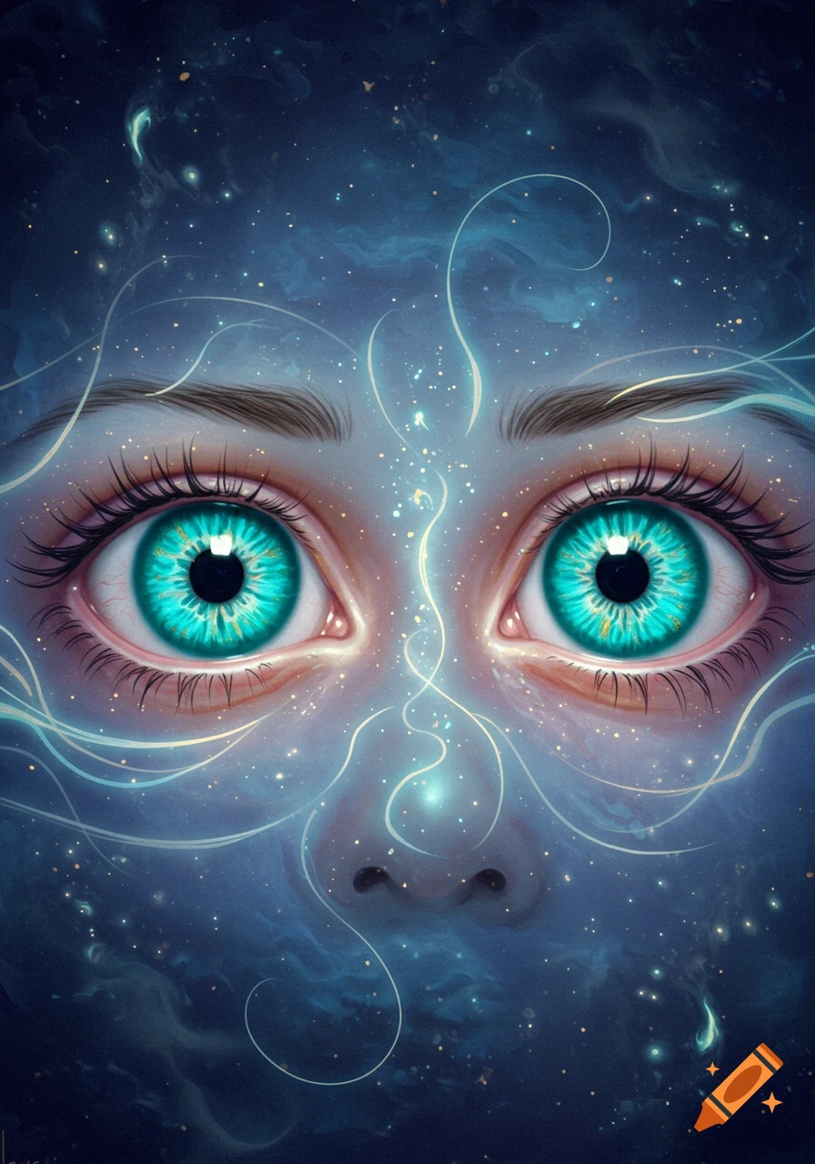 Vibrant turquoise eyes surrounded by sparkling blue cosmic dust and swirling light tendrils in a digital art style.