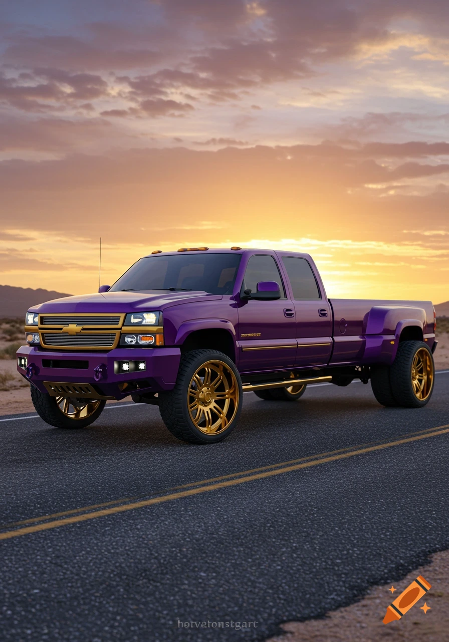 A customized purple dually pickup truck with gold rims and accents on a desert road at sunset.