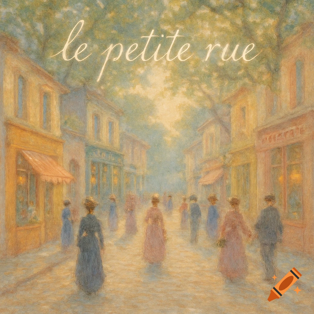 Impressionistic painting of a bustling European street with people, soft light, and trees, with 'le petite rue' at the top.