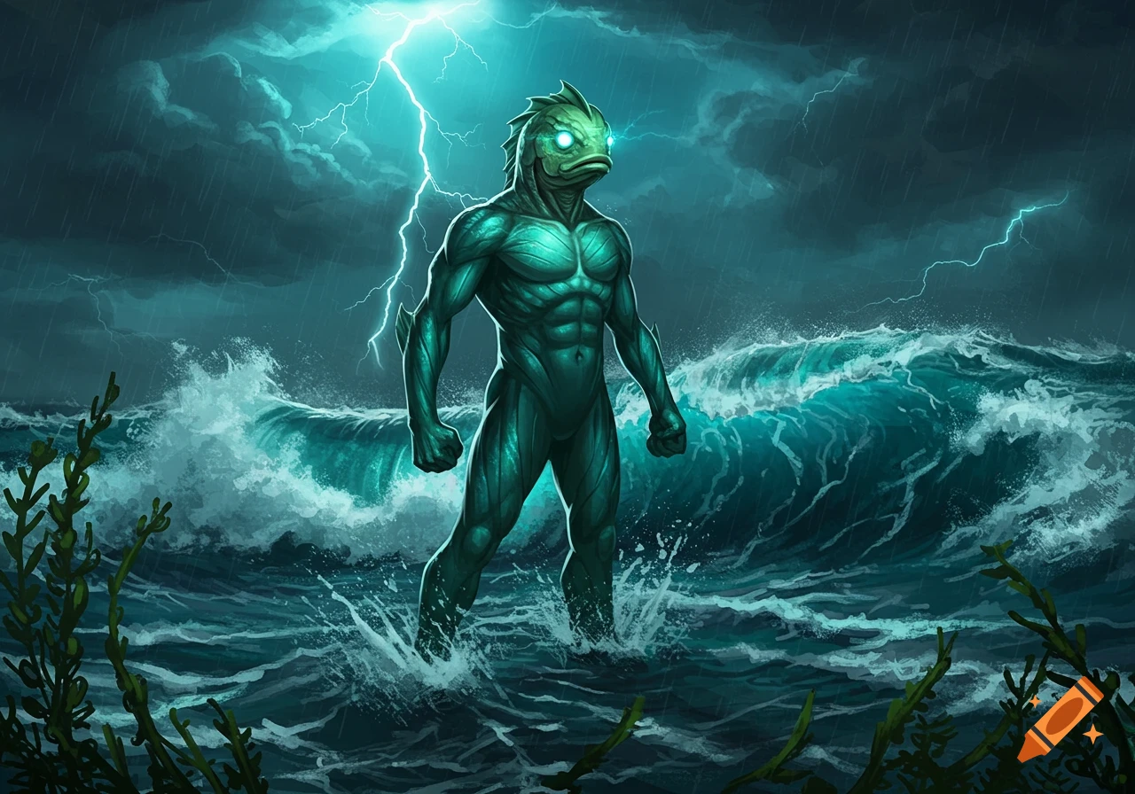 A muscular, green humanoid fish creature with glowing eyes stands defiantly in a stormy sea with large waves and lightning striking.