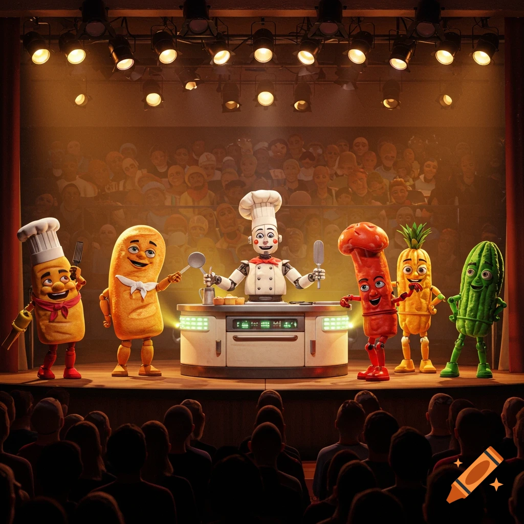 A robot chef and anthropomorphic food characters on a brightly lit stage performing a cooking show for an audience.