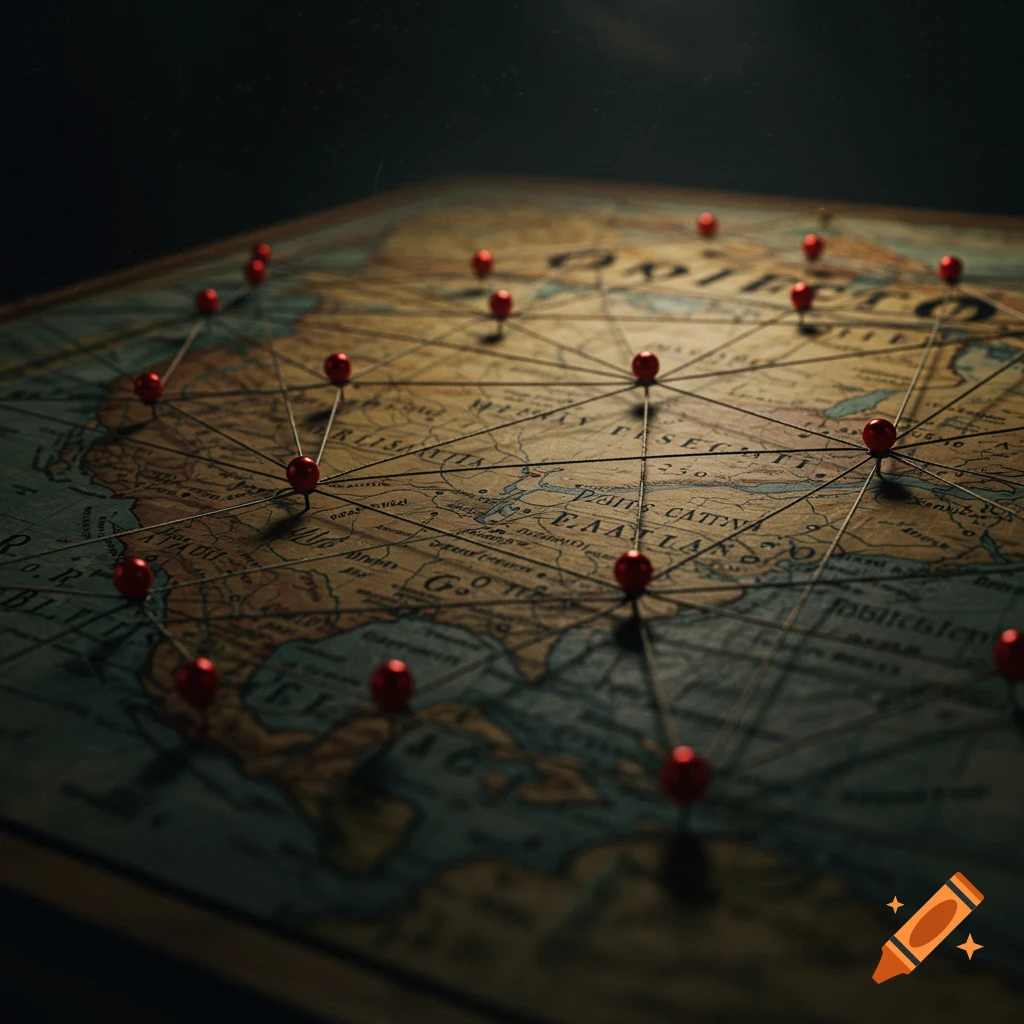 A close-up, dark and moody shot of a vintage map of the United States with red pins connected by strings, resembling a conspiracy board.