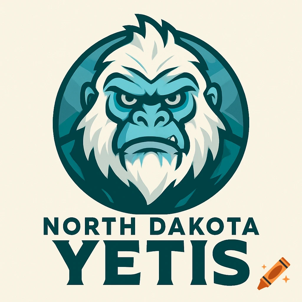 A graphic logo featuring an angry yeti head in a circular frame, with 'NORTH DAKOTA YETIS' text below.