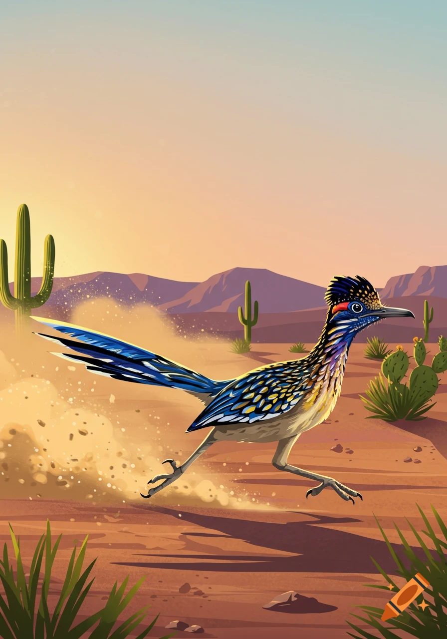 A stylized illustration of a roadrunner running through a desert, kicking up dust. Saguaro cacti and mountains are in the background.