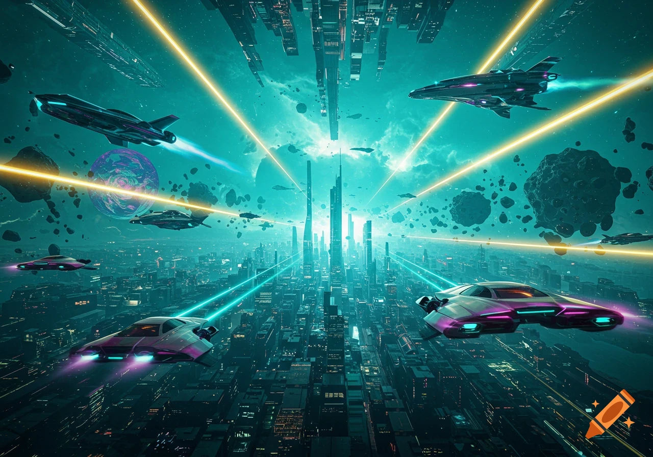 Vibrant sci-fi cityscape with futuristic buildings, flying vehicles, and spaceships under a teal, asteroid-filled sky.