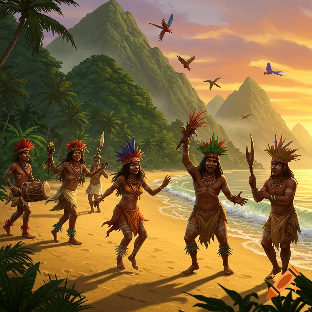 A tropical tribe dances on a sandy beach at sunset, with dense jungle mountains, palm trees, and flying parrots in the background.