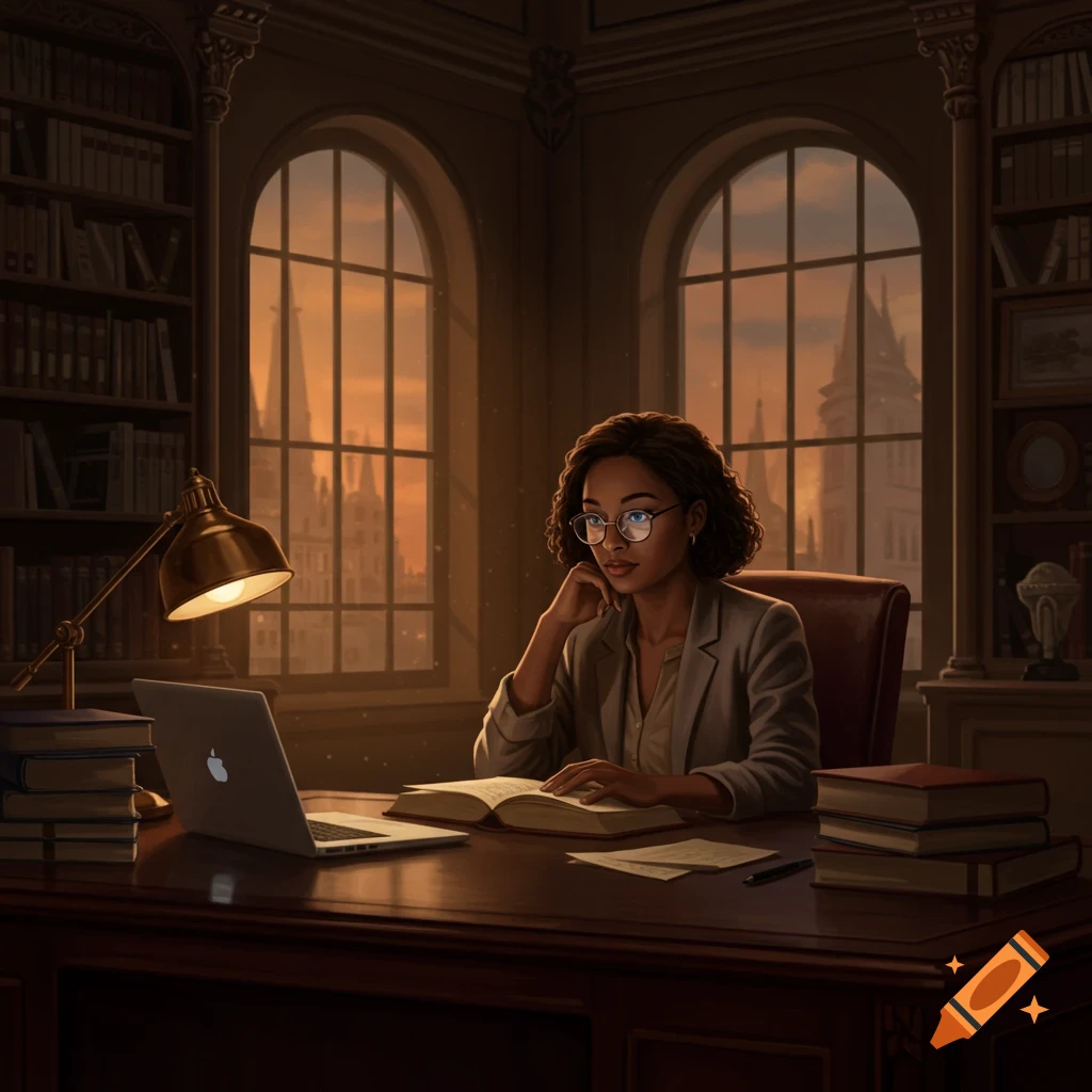 A woman with glasses studies at a desk in a dimly lit, ornate room, illuminated by a desk lamp and sunset light from tall windows.