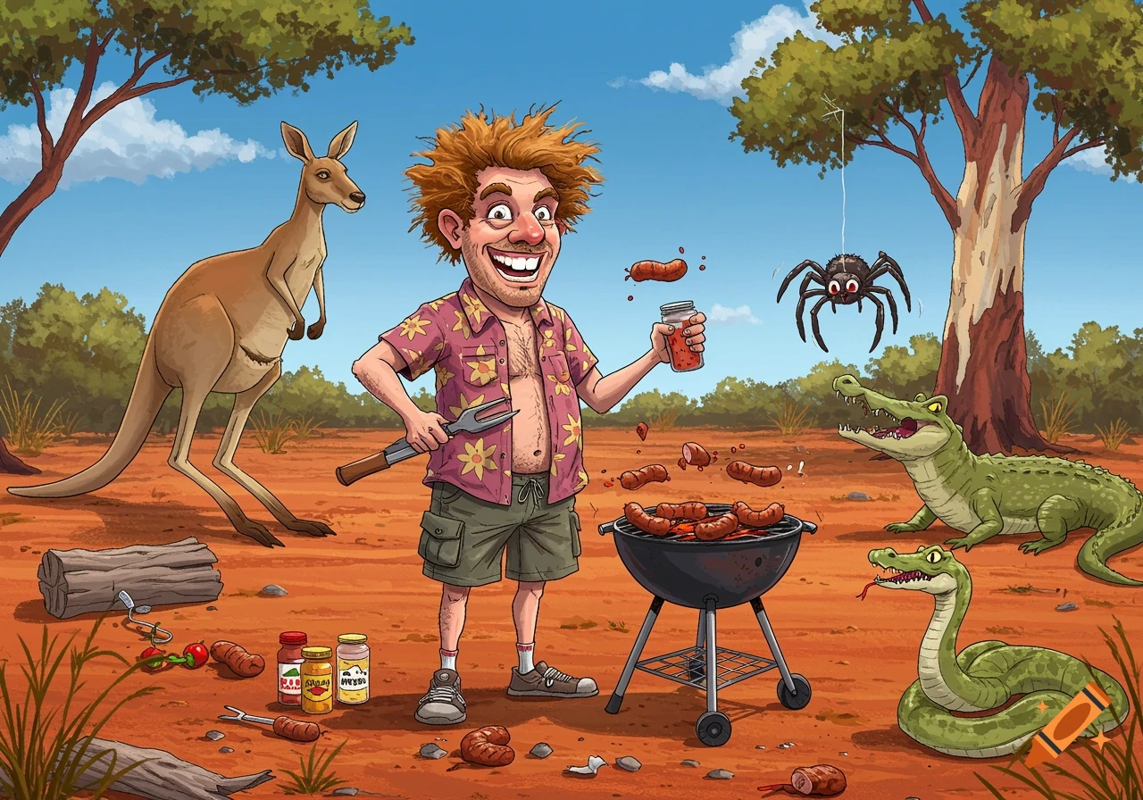 A cartoon man with wild hair barbecues in the Australian outback with a kangaroo, alligator, spider, and snake.