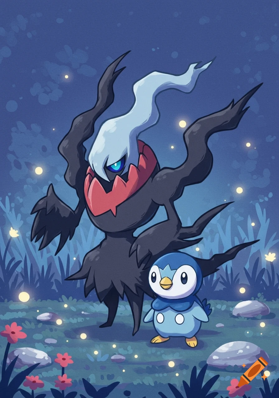 Darkrai and Piplup stand together in a cartoon forest at night with glowing fireflies and red flowers.