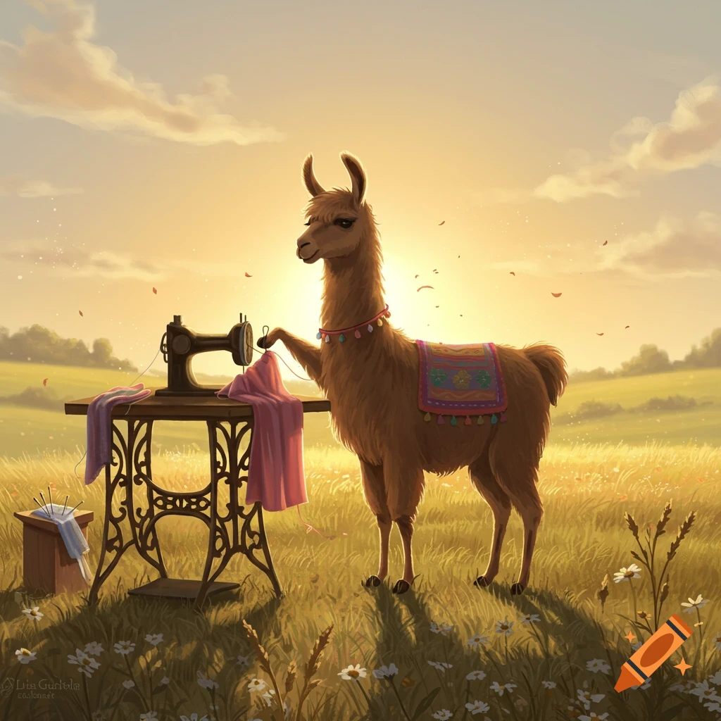 A cartoon llama stands in a sunny field, operating an old-fashioned sewing machine.