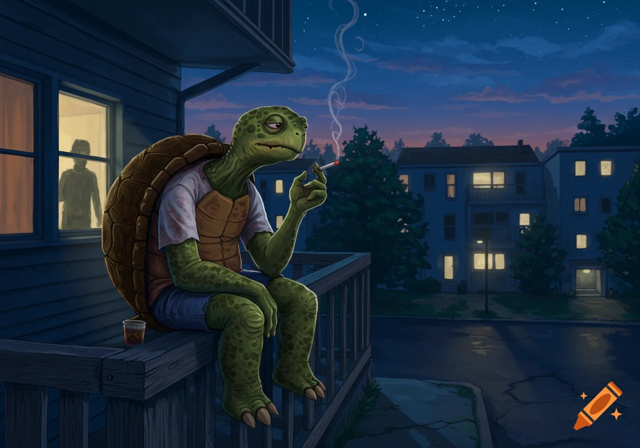 An anthropomorphic turtle wearing a t-shirt and shorts sits on a porch railing, smoking a cigarette at dusk, illustrated.