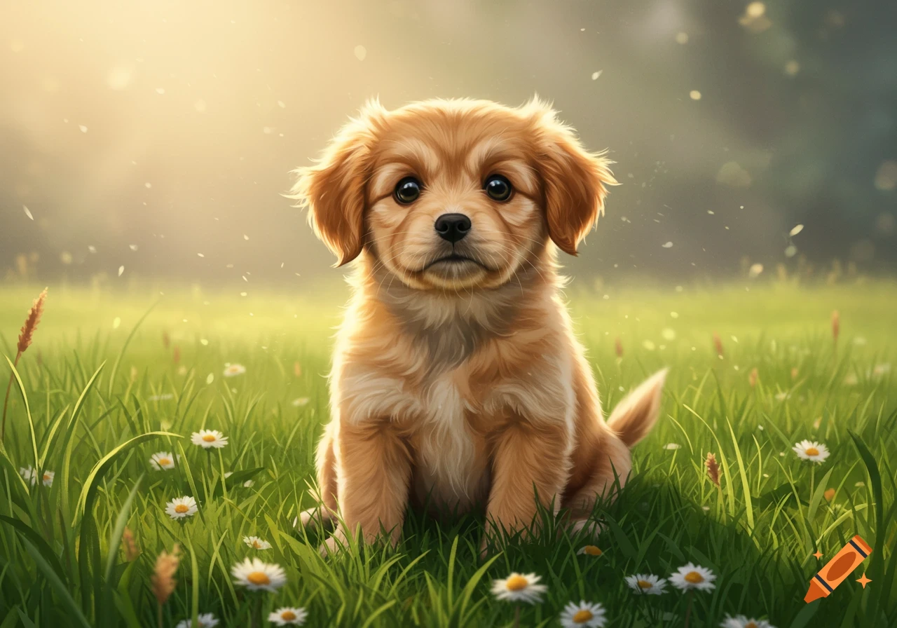 A cute, fluffy golden puppy sits in a sunny green field surrounded by white daisies.