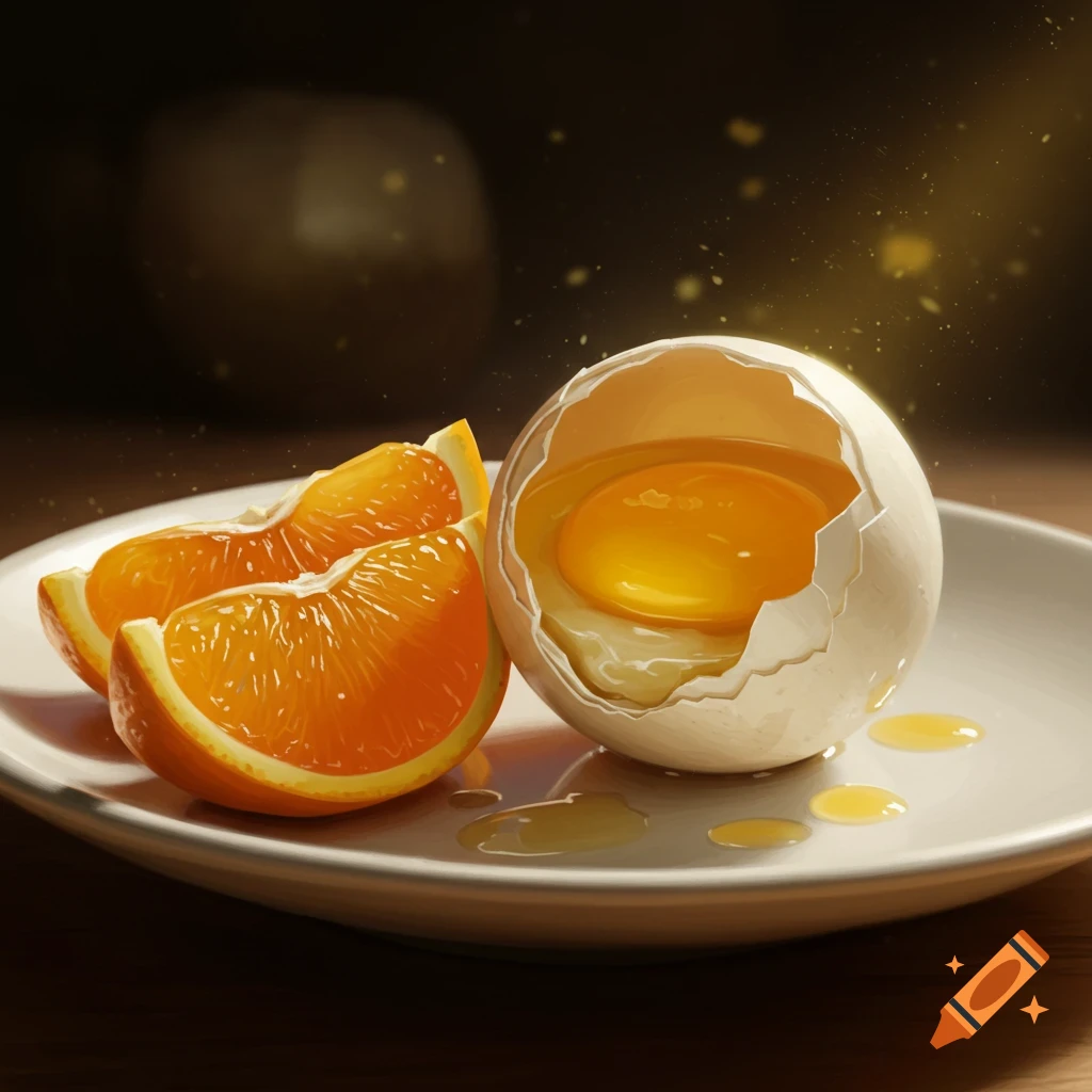 A close-up of two orange slices and a cracked egg with yolk on a white plate, with liquid drops and glowing particles in the air.