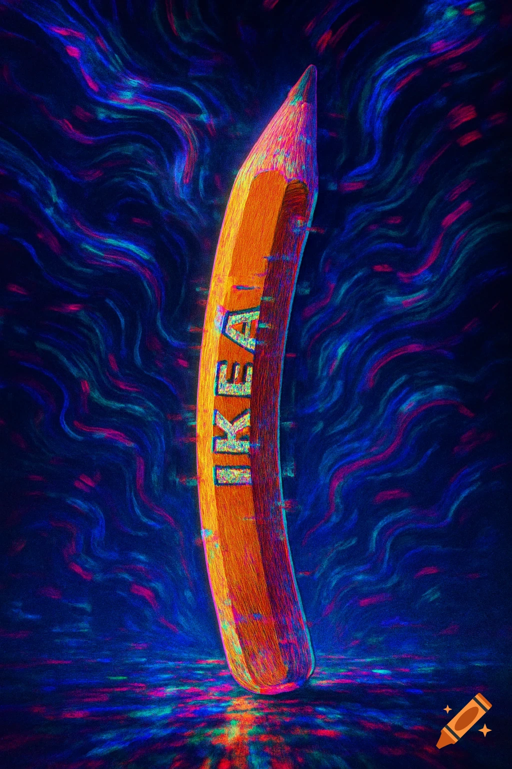 A long orange pencil with glitched 'IKEA' text stands against a dark blue background with swirling neon patterns.