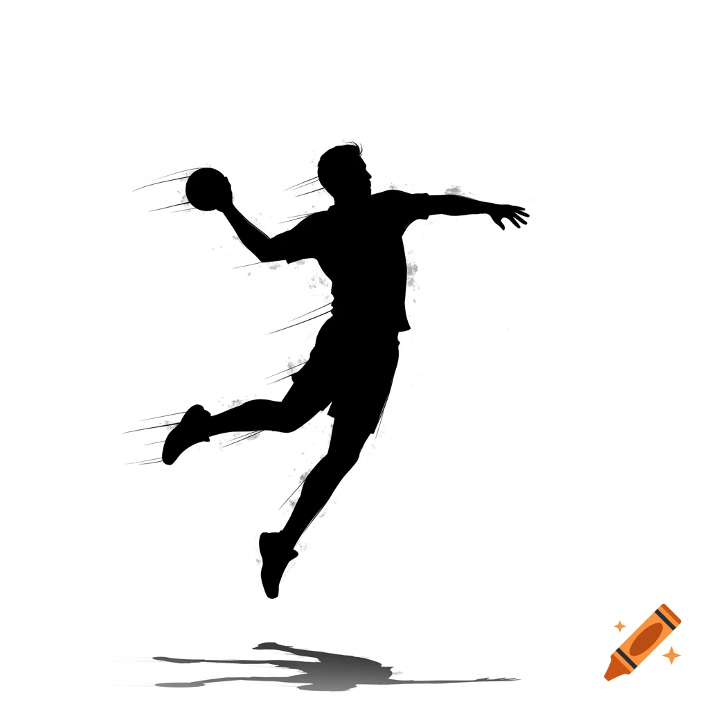 A black silhouette of a male athlete leaping to throw a handball, with motion lines on a white background.