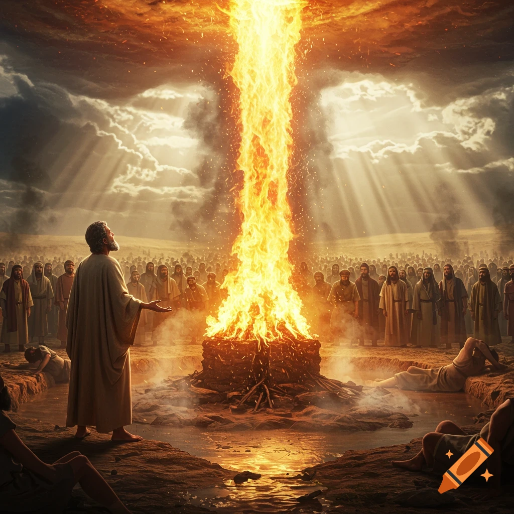 Prophet Elijah calls down a massive pillar of fire from a cloudy sky onto an altar, as a large crowd looks on in an arid landscape.