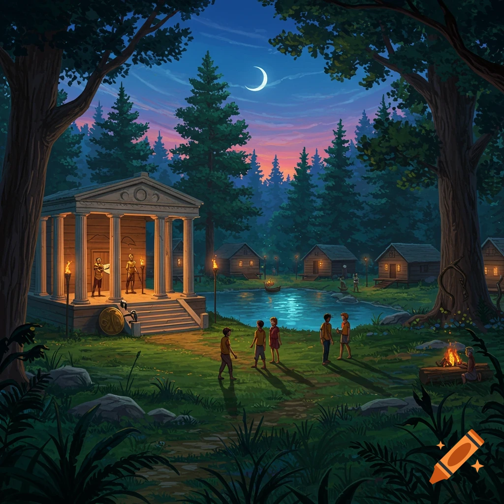 A fantastical camp scene at dusk with a Greek temple, cabins, a lake, and young figures in a moonlit forest.