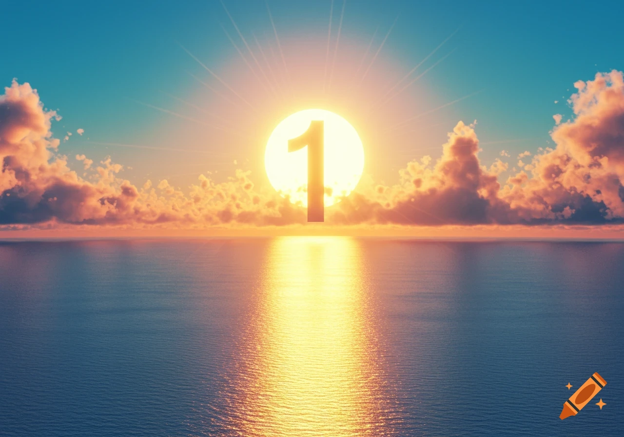 A large number 1 in a brilliant sun setting over a calm ocean with orange clouds, reflecting light on the water.