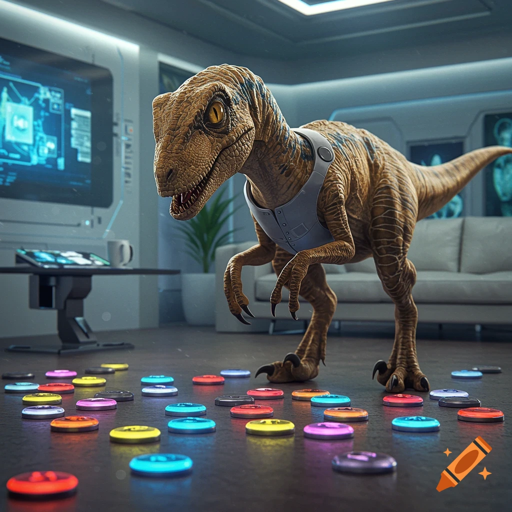 A photorealistic Velociraptor in a vest stands in a futuristic room, looking at colorful glowing buttons on the floor.
