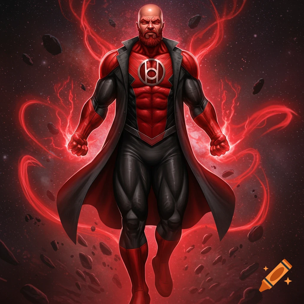 Muscular bald man with a red beard in a black and red Red Lantern Corps uniform, radiating red energy amidst space debris.