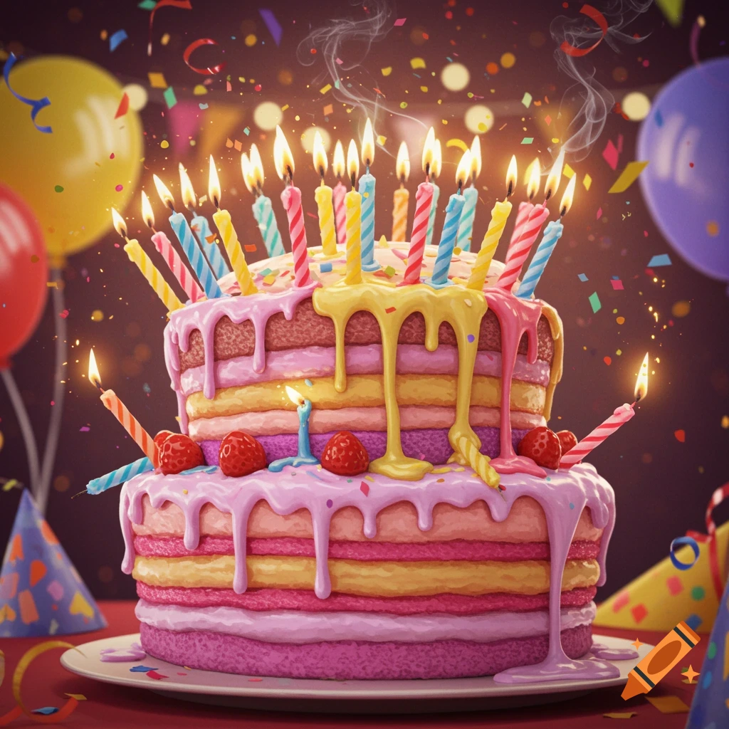 A vibrant multi-tiered birthday cake with colorful frosting and many lit candles, surrounded by confetti and balloons.