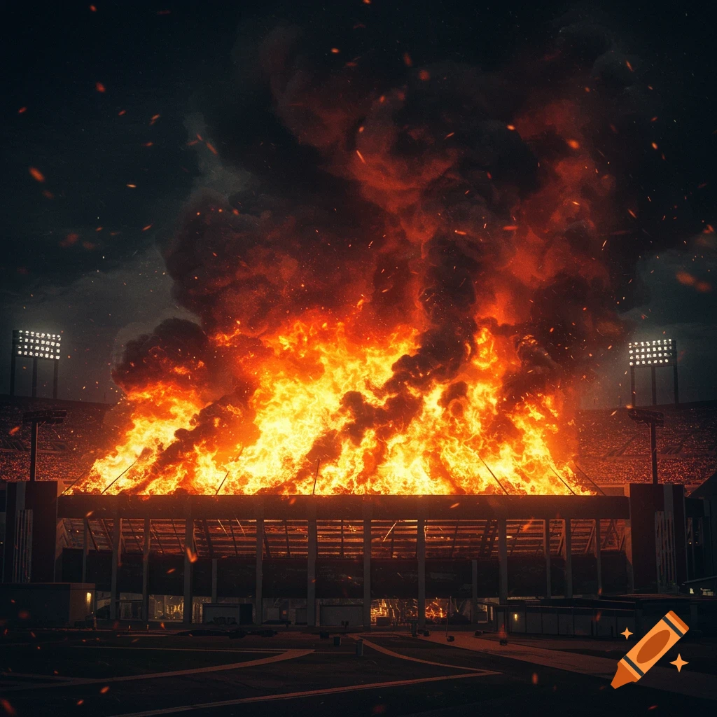 A massive football stadium at night is engulfed in bright orange flames and thick dark smoke, with embers flying.