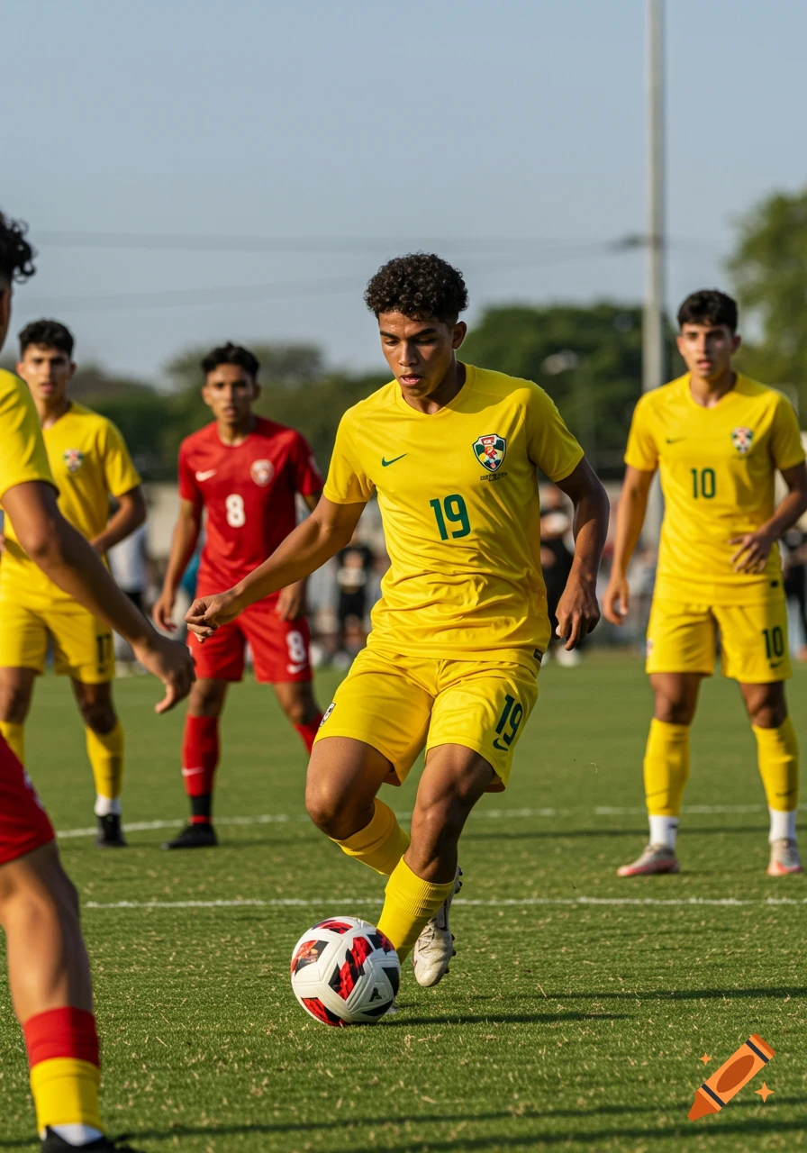 A male soccer player in a yellow jersey with number 19 dribbles the ball during a game on a green field. Other players are in the background.
