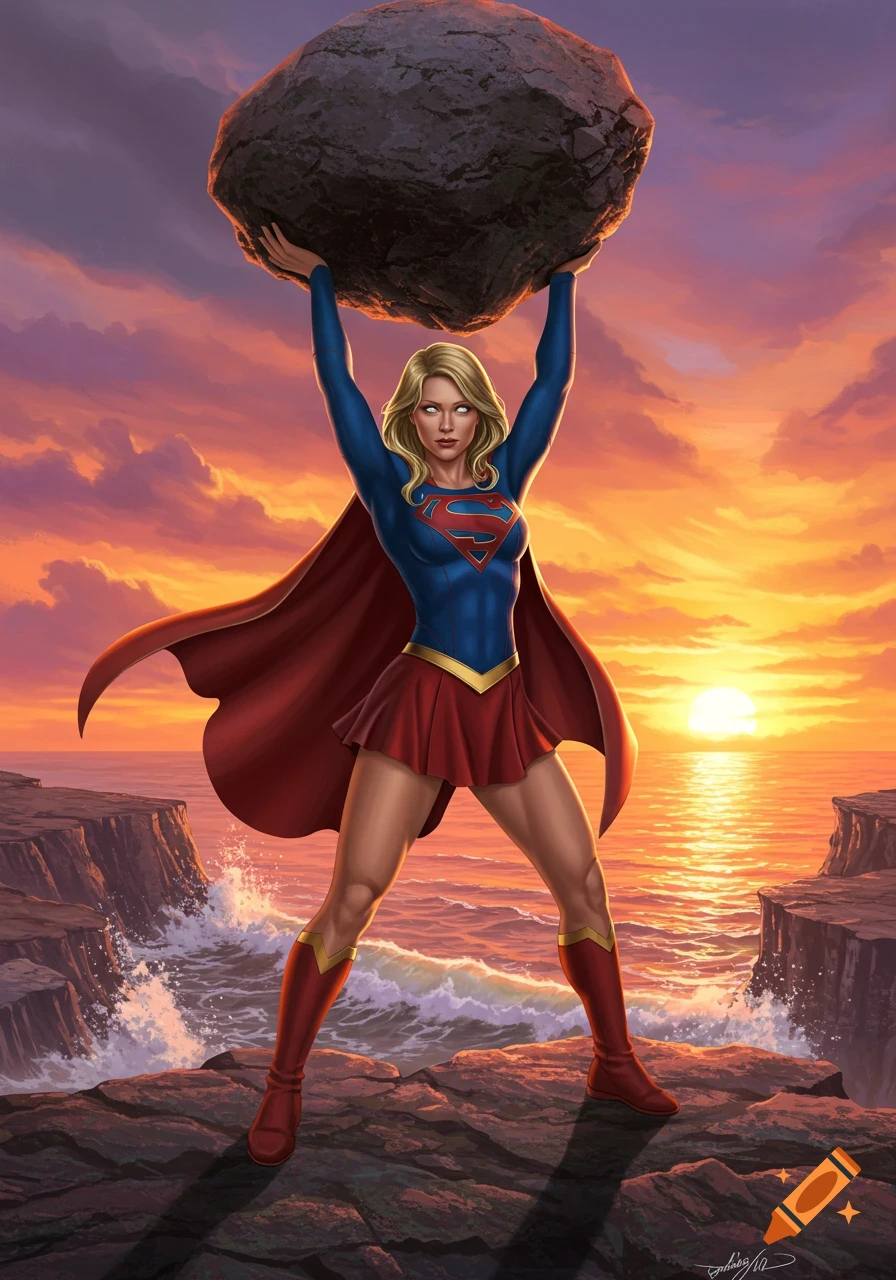 Supergirl lifts a giant rock over her head, standing on a cliff overlooking the ocean at sunset in an illustration.