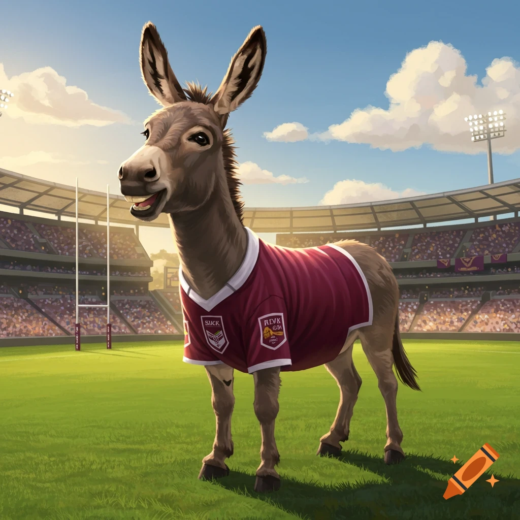 An illustrated donkey wearing a maroon rugby jersey stands on a green field in a stadium under a blue sky.