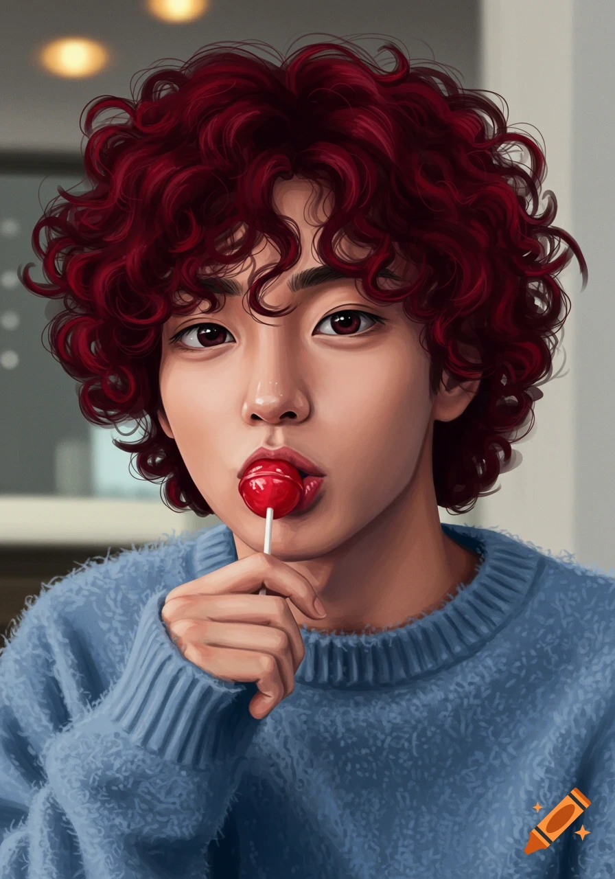 A close-up digital art portrait of a young Korean man with curly red hair, wearing a fuzzy blue sweater, holding a red lollipop to his lips.