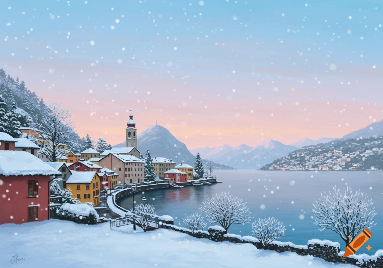 A picturesque village covered in snow by a lake, with mountains in the background under a pink and blue sky, falling snow.