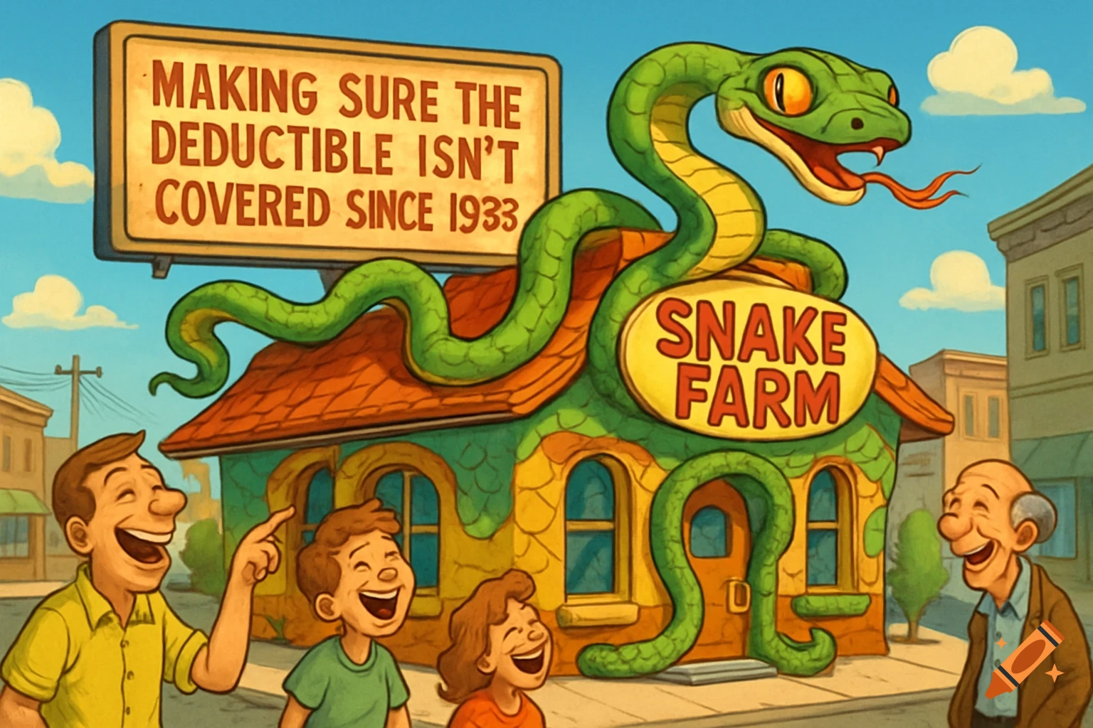 Cartoon illustration of a 'SNAKE FARM' building with a large snake, a billboard, and laughing people.