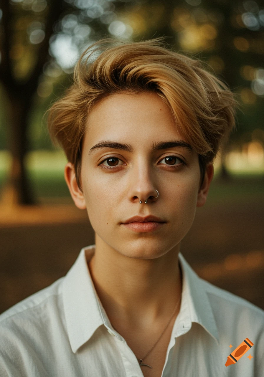 Photorealistic portrait of a gender-neutral person with short blonde hair, brown eyes, and a septum piercing, against a blurred park background.
