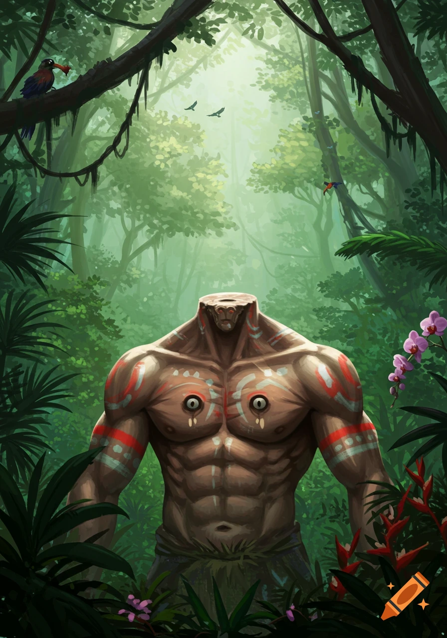A muscular, headless Blemmy creature with tribal patterns and chest-eyes stands in a lush green jungle, surrounded by trees and orchids, digital painting.