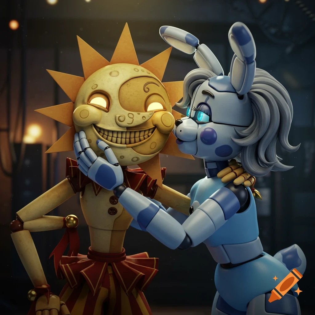 A sun animatronic embraces a bunny animatronic who kisses its cheek, in a detailed 3D render.