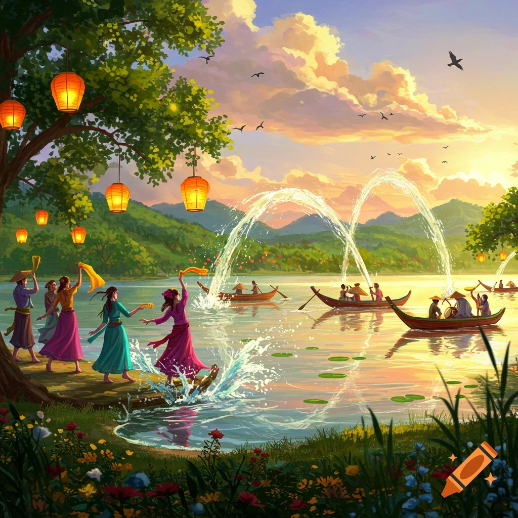 Vibrant illustration of a water festival at sunset on a lake. People splash water from boats and shore, with lanterns on trees.