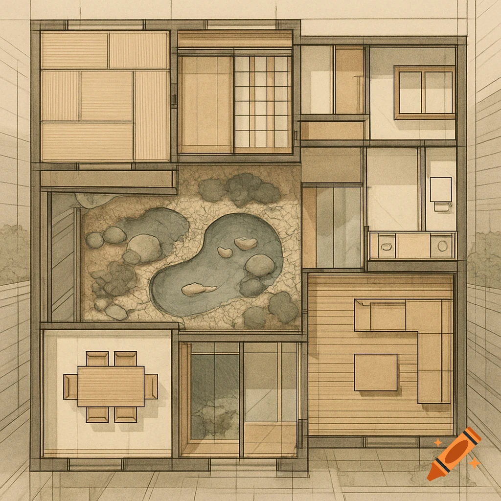 A top-down view of a Japanese modern urban house blueprint, featuring a central garden, dining area, and other rooms.