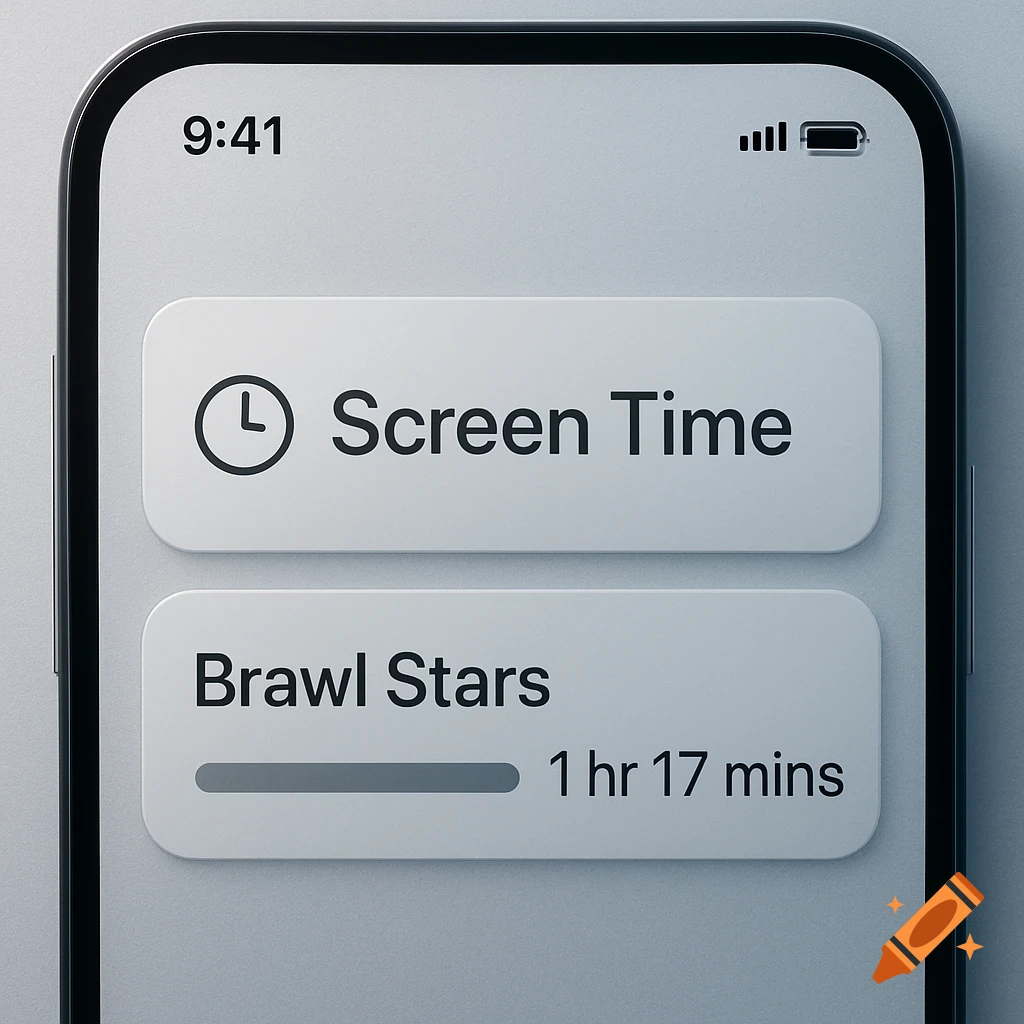 A realistic render of a smartphone screen showing Screen Time settings, with Brawl Stars usage at 1 hr 17 mins.